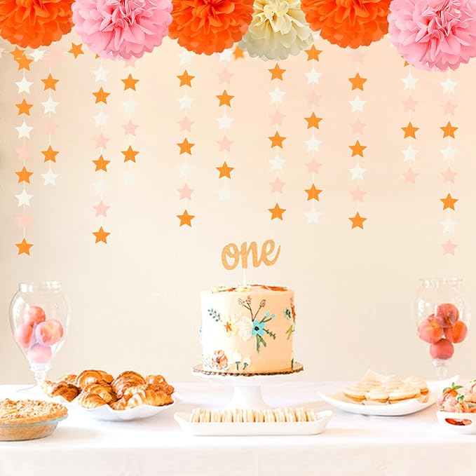 Orange-Beige Peach Party-Decorations Star Garland - 52ft Boho Fall Autumn Streamers Hanging Banner,Thanksgiving Harvest Twinkle Twinkle Little Star Baby Bridal Shower Wedding Engagement Decor Hugtmr