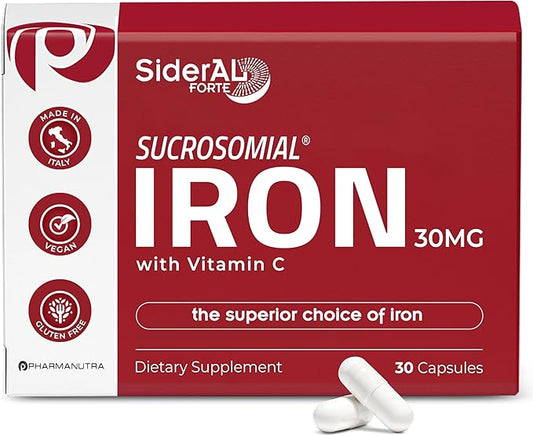 SiderAL Forte Iron Supplement Clinically Shown to Increase Iron Without Side Effects | Sucrosomial High Absorption Gentle Iron Pills for Women and Men | Vitamin C | Anemia & Energy Support | 30 Count