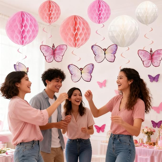 Pink Birthday Decorations Kit Happy Birthday Banner with Honeycomb Ball Butterfly Hanging Swirl Streamer Flower Garland Pink Bow Garland Banner Decoration for Women Men Boys Girls