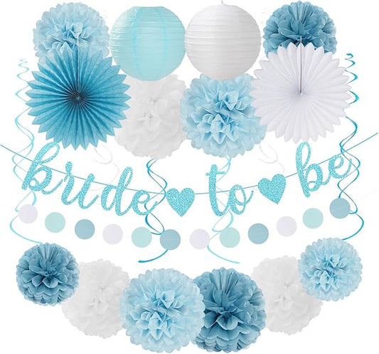 Dusty-Blue White Bridal-Shower Bachelorette Party-Decorations - 22pcs Girls Bride To Be Banner, Light Paper Lanterns Streamers, Tissue Pom Poms Flowers Fans Wedding Decor Backdrop Hugmoon