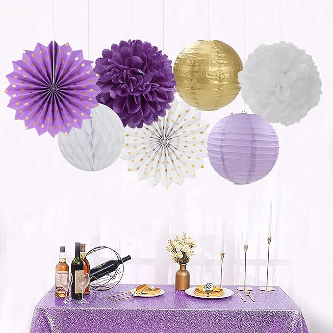 Purple-Gold Party Decorations Streamers Lanterns - 14pcs White Lavender Paper Fan Graduation Woman Birthday Wedding Bridal Shower Tissue Pom Poms,Honeycomb Balls Decor Ouruola