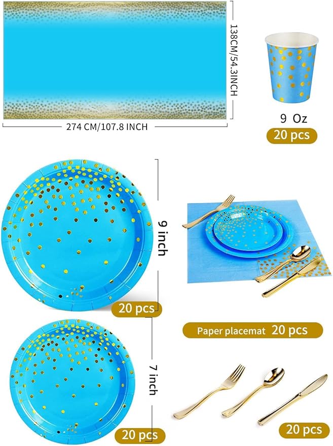 141 Pieces Sky Blue Gold Party Supplies, Disposable Party Decorations Sets Include Paper Plates Napkins Cups, Plastic Forks Knives Spoons, for Baby Shower Birthday Wedding -20 Guests