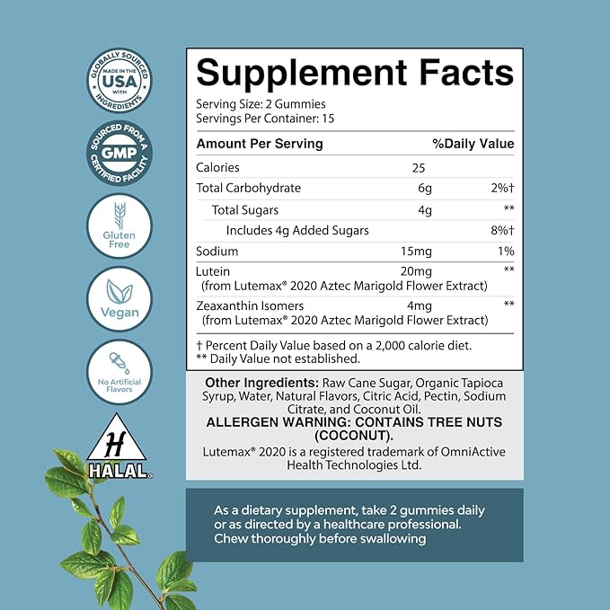 Vision Support Gummies for Adults - Lutein and Zeaxanthin Supplements for Eye Health - Potent Lutein Eye Vitamins for Blue Light Protection Dryness Strain Support & Visual Sharpness - 30 Count