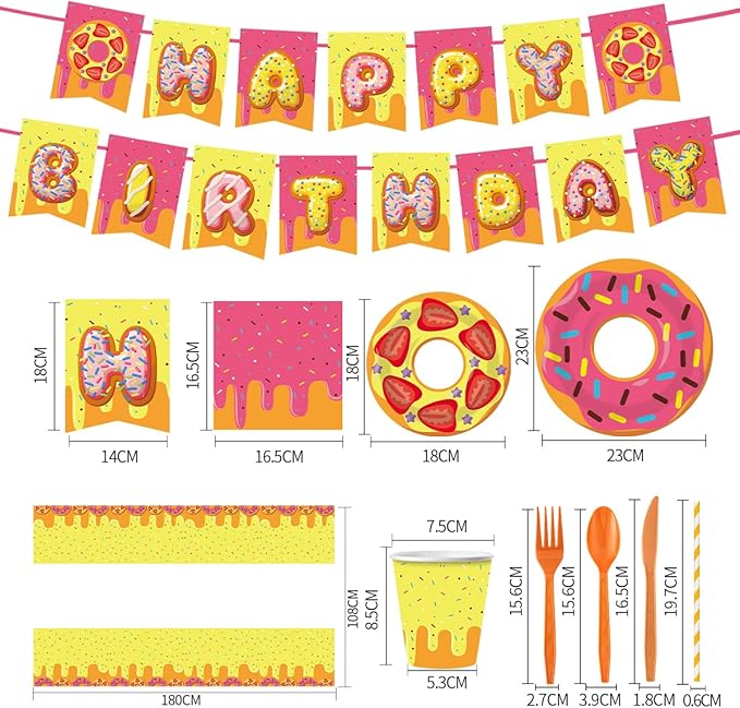 Donut Themed Birthday Tableware Set,162 Pcs Paper Plates Napkins Cups Tablecloth Knives Fork Spoon Paper Banner and Straws for Birthday Christmas Party Supplies Serves 20 Guests (Girls)