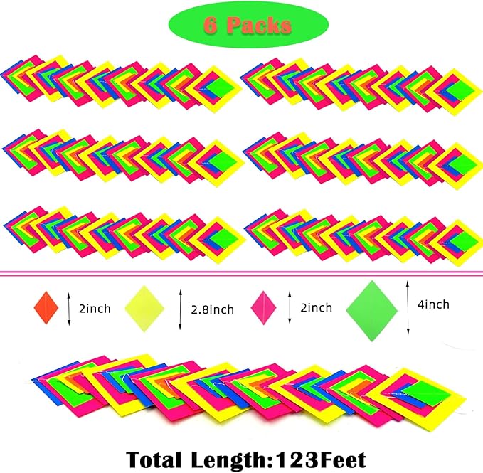 123feet UV Paper Neon Streamers & Garlands - Diamond Shape Black Light Decorations, Glow Party Favors & Supplies for Wedding & Birthday Celebrations