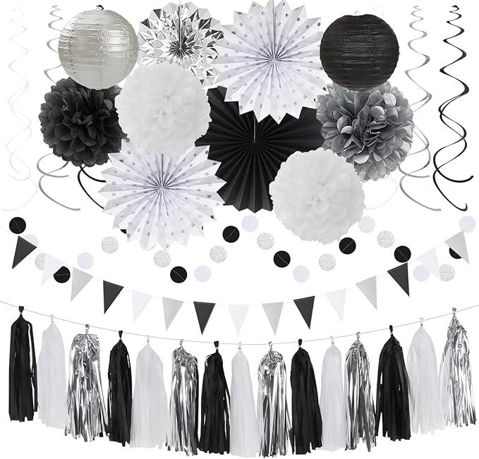 Black White-Silver Party-Decorations - 33pcs Kits Banner,Graduation Streamer Tassel Garland,Tissue Pom Poms Honeycomb,Paper Lantern Fans,Birthday Wedding Baby Bridal Shower New Years Decor Hugtmr