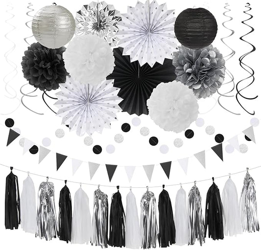 Black White-Silver Party-Decorations - 33pcs Kits Banner,Graduation Streamer Tassel Garland,Tissue Pom Poms Honeycomb,Paper Lantern Fans,Birthday Wedding Baby Bridal Shower New Years Decor Hugtmr