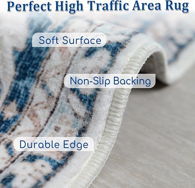 9x12 Area Rugs, Machine Washable Area Rugs for Living Room, Non Slip Backing Rugs for Bedroom, Vintage Printed Home Decor Large Area Rug (Grey Blue 9x12)