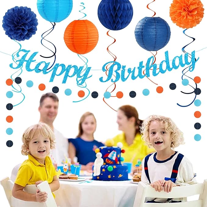 Orange Blue Men Birthday Decorations - 21pcs Happy Banner Garland,Bluey Paper Streamers Lanterns,Flower Tissue Pom Poms Fan Supplies,Hanging Wall Backdrop Party Decor Huglony