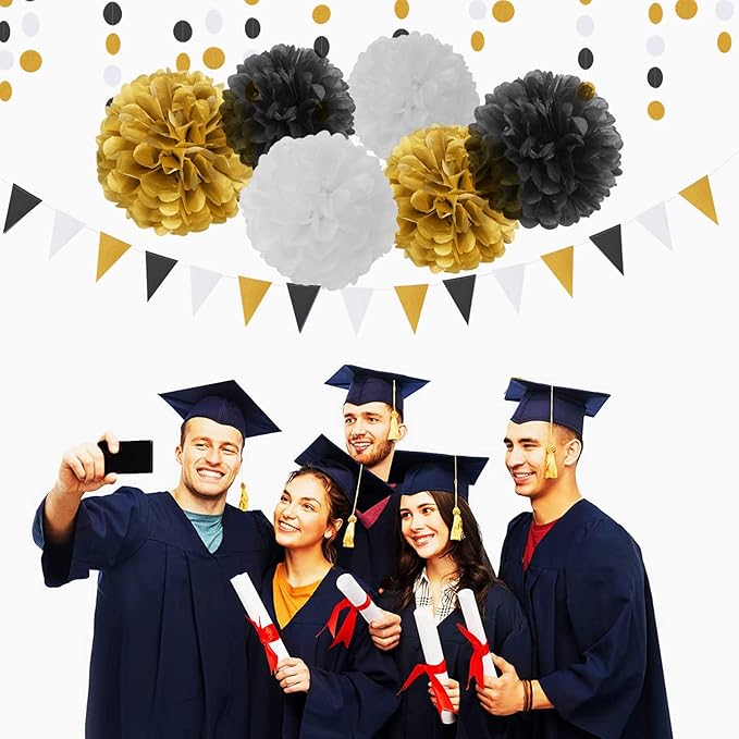 Black Gold Graduation Party Decorations - 23pcs Kits Farewell Tissue Pom Poms Flowers,Streamers Banner,Tassel Garland 50th Men Birthday Bachelorette Baby Shower Decoration Bunting Lasting Surprise