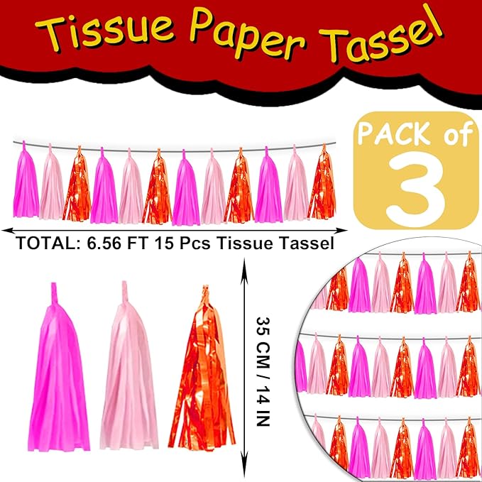 3P Hot Pink Orange LightPink Metallic Fringe Banner Garland Foil Tinsel Streamer Backdrop Banners for Parties, Wall Hanging Curtain Parade Floats,Graduation Decorations, Wedding Party Decoration