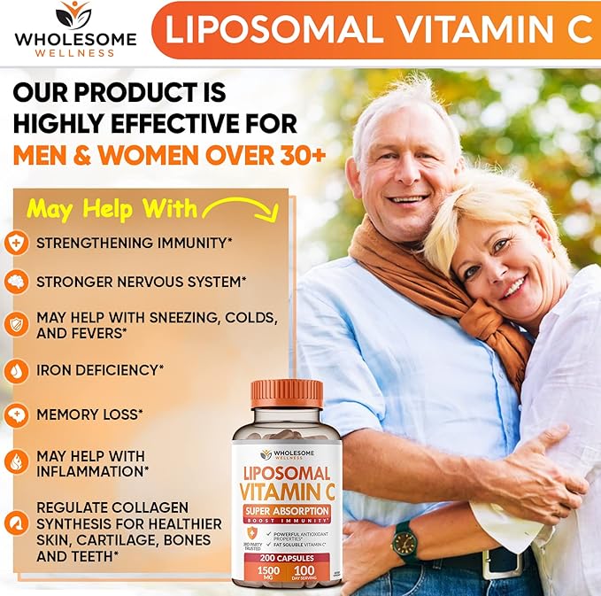 Wholesome Wellness Liposomal Vitamin C Capsules (200 Pills 1500mg Buffered) High Absorption, Immune System & Collagen Booster, High Dose Fat Soluble Immunity Support Ascorbic Acid, Natural Vegan