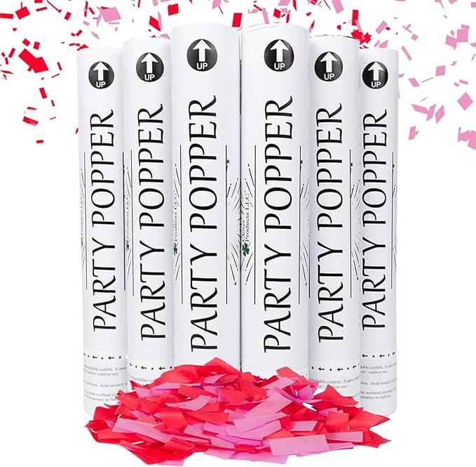 Clover Products 12" Biodegradable Confetti Poppers | 6 Pack | Red & Pink Poppers for Weddings, Birthdays & Events | Air-Powered, Safe & Easy to Use | Shoots 25 Feet for Indoor & Outdoor Celebrations