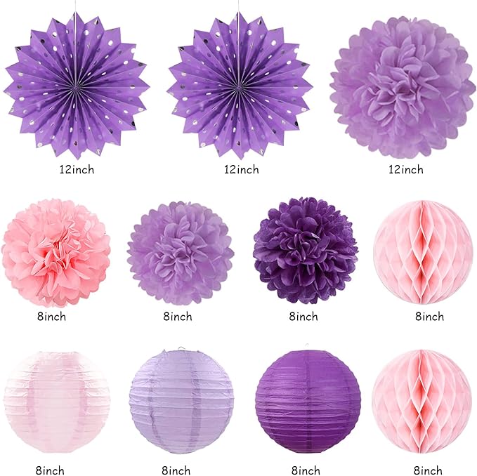 Purple Lilac-Lavender Pink Women Birthday Party-Decorations - 21pcs Happy Banner,Paper Lanterns Honeycomb,Tissue Pom Poms Flower Fan,Classroom Hanging Streamers Garland,Girls Decor Supplies Huglony