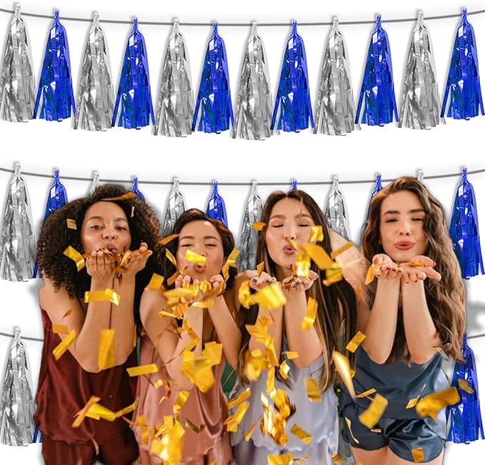 3P Navy-Blue Silver Metallic Fringe Tassel Banner Garland Foil Tinsel Streamer Wall Hanging Curtain Backdrop Banner for Parade Floats, Graduation Bridal/Baby Shower Retirement Party Decorations