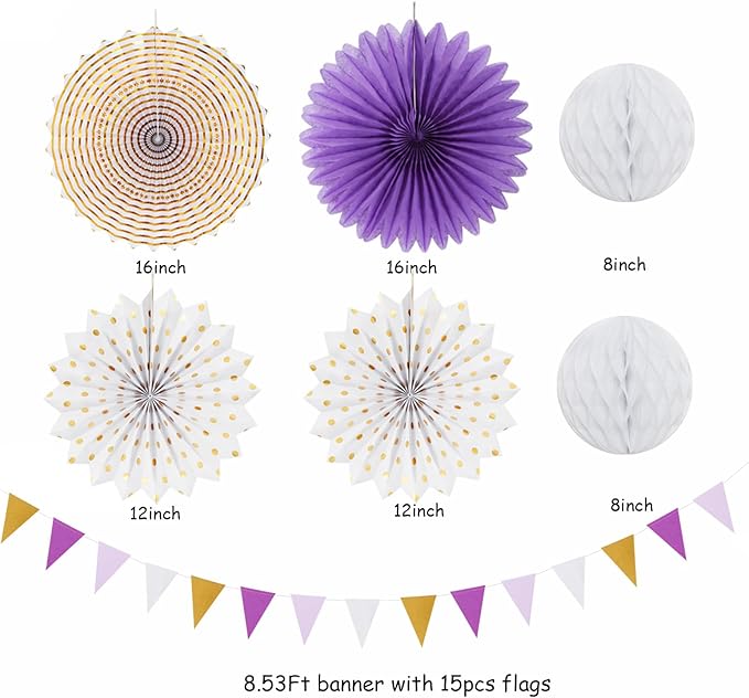 Purple-Lavender White Gold Party Decorations - 20pcs Graduation Birthday Paper Lanterns Fans,Tissue Pom Poms,Honeycomb Balls,Baby Shower Bridal Wedding Bachelorette Valentines Day Decor Burgleda