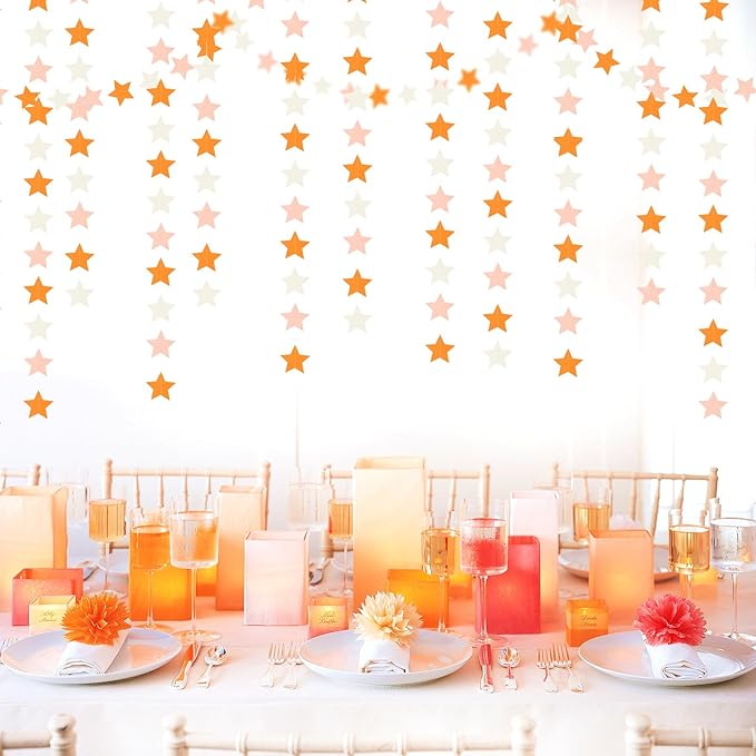 Orange-Beige Peach Party-Decorations Star Garland - 52ft Boho Fall Autumn Streamers Hanging Banner,Thanksgiving Harvest Twinkle Twinkle Little Star Baby Bridal Shower Wedding Engagement Decor Hugtmr