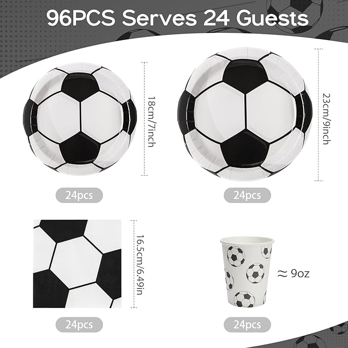 96pcs Party Plates Soccer Tableware Set Black and White Kid's Birthday Party Paper Plates Round for 24 Guests Disposable Table Supplies Picnic Soccer Party (Include Plates, Cups and Napkins)