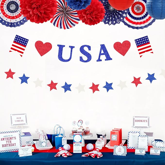 Red-White Blue Memorial-Day Patriotic Decorations - 21pcs 4th Fourth of July Americana Banner Garland,Independence Party Decor Paper Streamers Lanterns,Flower Tissue Pom Poms Fan Supplies Huglony