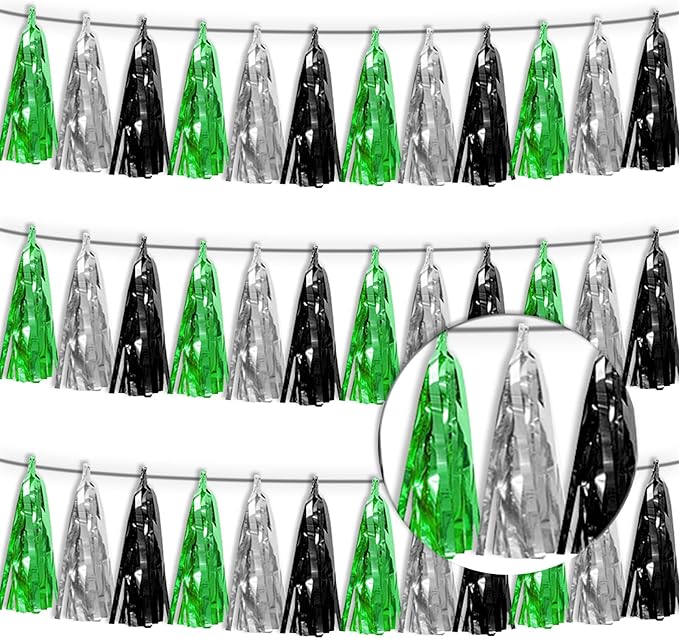 3P Black Silver Green Metallic Fringe Tassel Banner Garland Foil Tinsel Streamer Wall Hanging Curtain Backdrop Banner for Parade Floats, Graduation Decorations, Halloween, Christmas Decorations