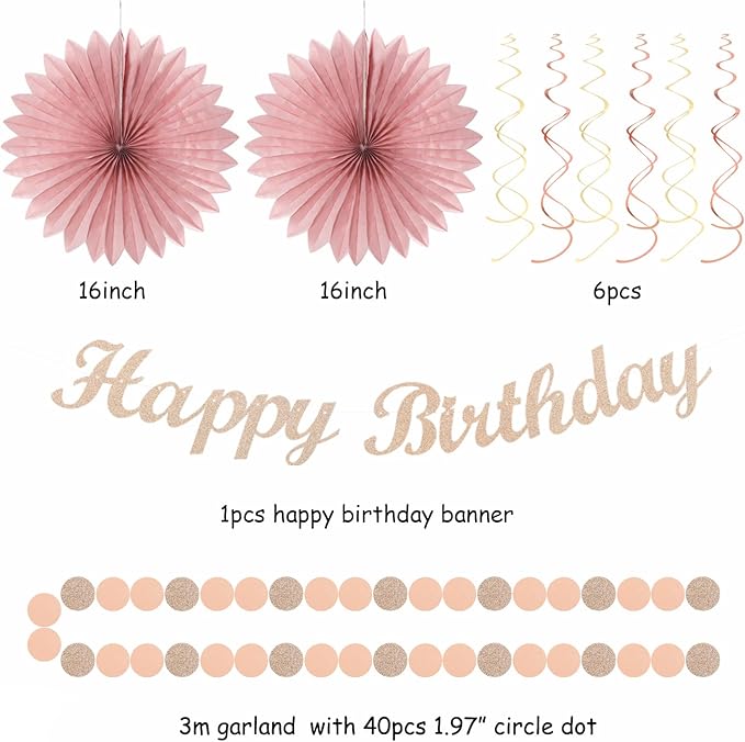 Blush-Pink Rose-Gold Fall Birthday Party-Decorations - 21pcs Boho Happy Banner Sign,Women Paper Lanterns Honeycomb,One Sweet Peach Streamers Garland,Girl Tissue Pom Poms Flowers Fans Decor Burgleda