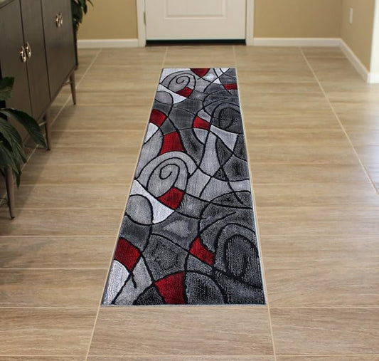 Masada Rugs, Modern Contemporary Runner Area Rug, Red Grey Black. (2 Feet X 7 Feet)