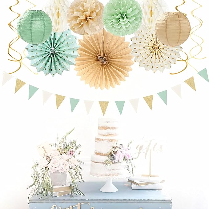 Sage-Green Champagne-Gold Baby Shower Party Decorations - 20pcs Neutral Birthday Paper Lanterns Fans,Boho Wedding Tissue Pom Poms,Honeycomb Streamers Banner,Bridal Graduation Rustic Decor Burgleda