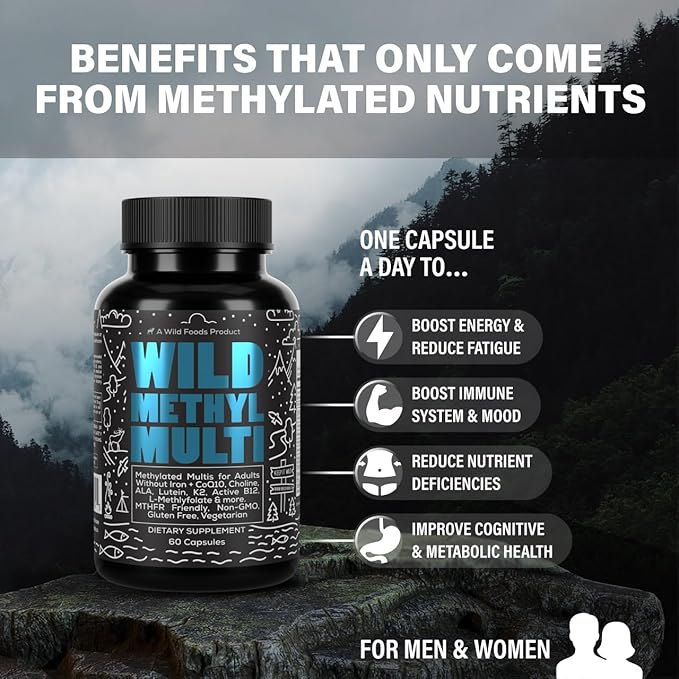 Wild Methylated Multivitamin for Women & Men | Daily Multi Vitamin | MTHFR Supplement Without Iron | Methylated B12, Folate, Vitamin C, A, K2, D, E, Choline, Biotin, ALA, CoQ10 & More (60 Capsules)
