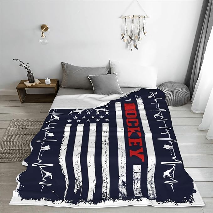 Hockey Blanket, Navy Blue American Flag Throw Blanket Hockey Gifts for Men Women Boys Girls Lover Adult Cozy Fleece Flannel Bedding Stuff Plush for Couch Sofa Bed Decor 60"X50"