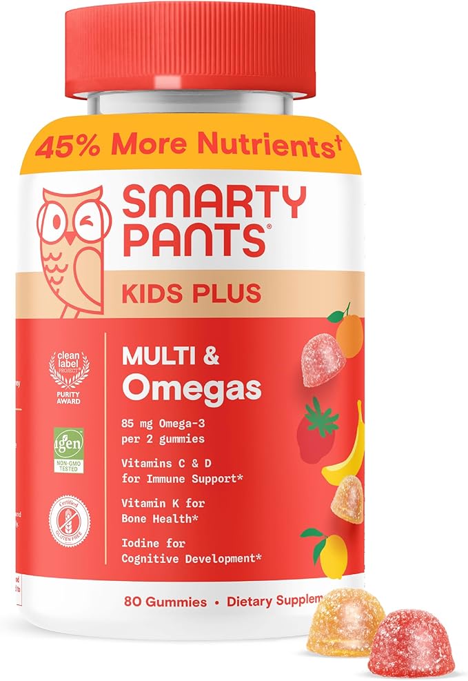 SmartyPants Kids Multivitamin Gummies - Improved Formula: Omega 3 (DHA/EPA), Vitamins D3, C, B12, B6, Vitamin A, K & Zinc, Gluten Free, Three Fruit Flavors, 80 Count (40 Day Supply)