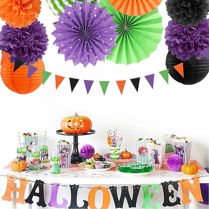 Black Purple Orange-Green Halloween Party-Decorations - 20pcs Paper Lanterns Fans,Tissue Pom Poms,Honeycomb Balls,Hotel Transylvania Hocus Pocus Birthday Baby Bridal Shower Wedding Decor Burgleda