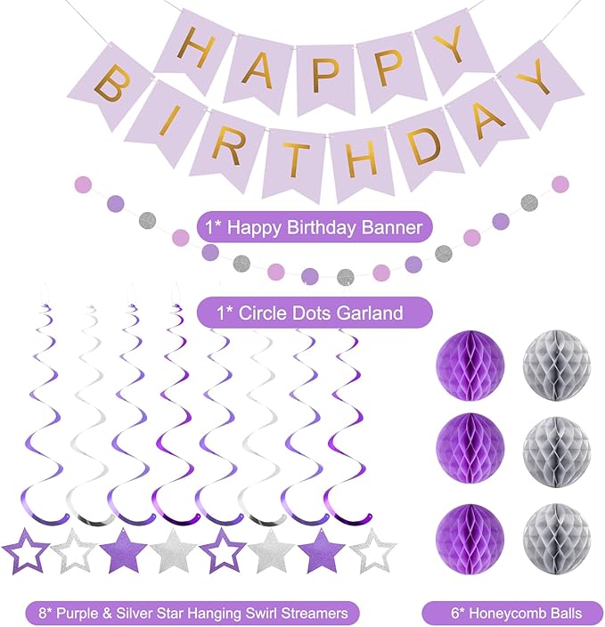 meowtastic Birthday Decorations, Happy Birthday Banner with Honeycomb Ball, Star Hanging Swirl Streamer, Circle Dot Garland, Happy Birthday Party Decoration for Women Men Boys Girls (Purple & Silver)