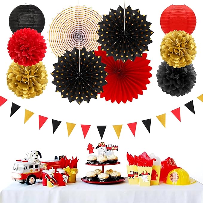 Red-Black Gold Casino Theme Party-Decorations - 20pcs Game Night Paper Lanterns Fans,Tissue Pom Poms,Honeycomb Balls,Bunting,Birthday Graduation Wedding Bridal Baby Shower Decor Burgleda