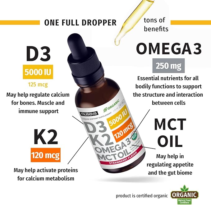 (4 Pack) Organic Vitamin D3 K2 Drops with MCT Oil Omega 3, 5000 IU - Maximum Strength Vitamin D Liquid, No Fillers, Non-GMO Liquid D3 for Faster Absorption and Immune Support (Strawberry, 4 Fl Oz)