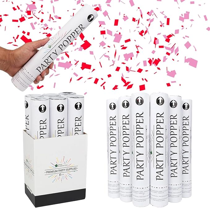 Clover Products 12" Biodegradable Confetti Poppers | 6 Pack | Red & Pink Poppers for Weddings, Birthdays & Events | Air-Powered, Safe & Easy to Use | Shoots 25 Feet for Indoor & Outdoor Celebrations
