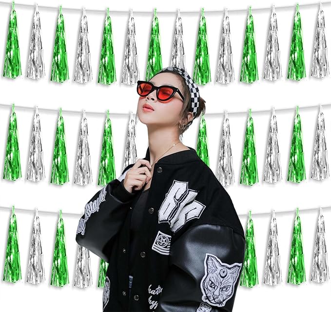 3P Metallic Fringe Tassel Banner Garland Foil Tinsel Streamer Wall Hanging Curtain Backdrop Banner for Parade Floats, Graduation Decorations, Father's Day Party Decoration(Green Silver)