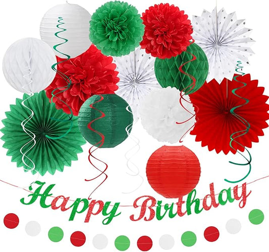 Red White Green Mexican Christmas Birthday Party-Decorations - 21pcs Happy Banner,Paper Lanterns Honeycomb,Tissue Pom Poms Flower Fan,Italian Kids Classroom Hanging Streamers Garland Decor Huglony