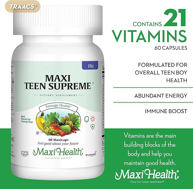 Teen Vitamins for Boys 12-17 - Teen Multivitamin Supreme with D3, Iron, Calcium, Biotin, Digestive Enzymes – Teenager Boy Multi Vitamins for Energy, Brain & Mood Support – 60 Count