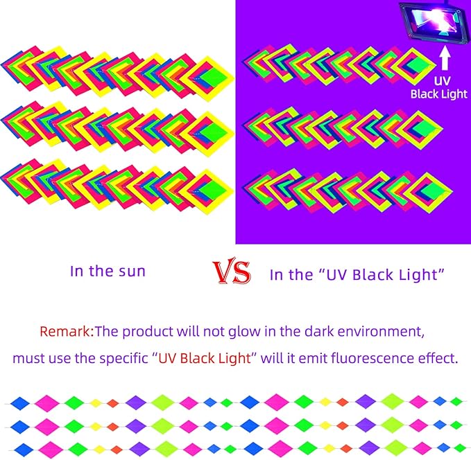 123feet UV Paper Neon Streamers & Garlands - Diamond Shape Black Light Decorations, Glow Party Favors & Supplies for Wedding & Birthday Celebrations