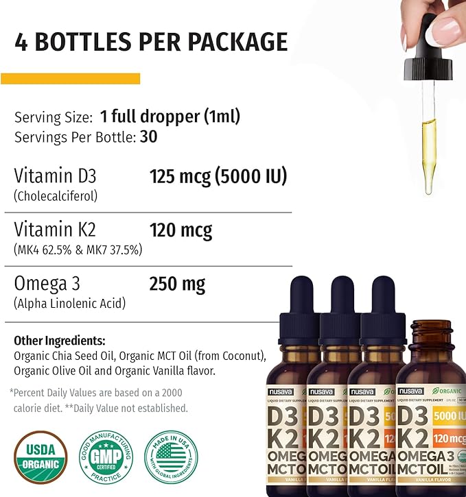 (4 Pack) Organic Vitamin D3 K2 Drops with MCT Oil Omega 3, 5000 IU, Maximum Strength Vitamin D Liquid - No Fillers, Non-GMO Liquid D3 for Faster Absorption & Immune Support (Vanilla, 4 Fl Oz)