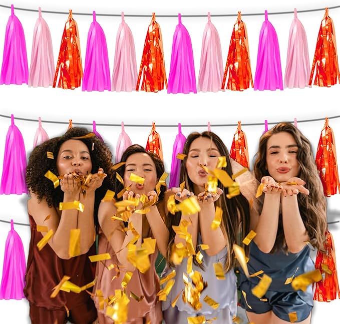 3P Hot Pink Orange LightPink Metallic Fringe Banner Garland Foil Tinsel Streamer Backdrop Banners for Parties, Wall Hanging Curtain Parade Floats,Graduation Decorations, Wedding Party Decoration