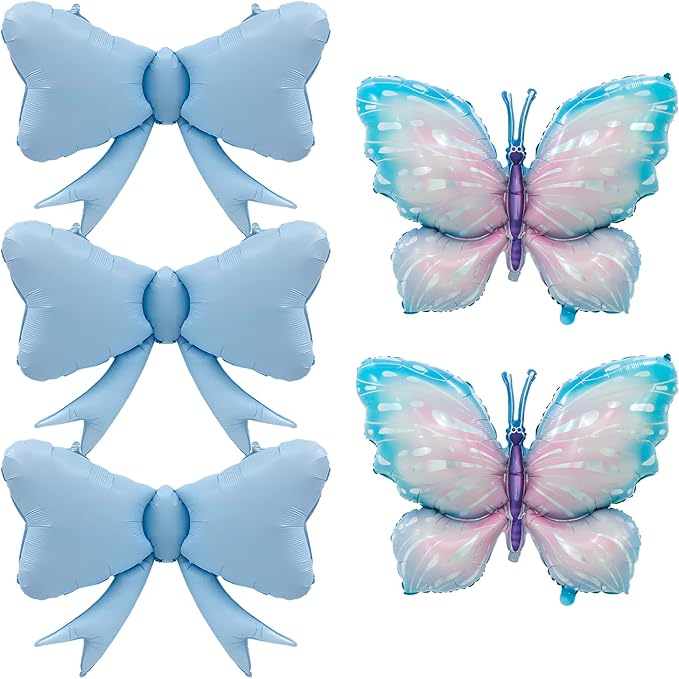 FBQ 5 PCS Blue Balloon Kit Butterfly and Bow Foil Balloons Butterfly Theme for Girl Birthday Baby Shower Wedding Decorations Supplies