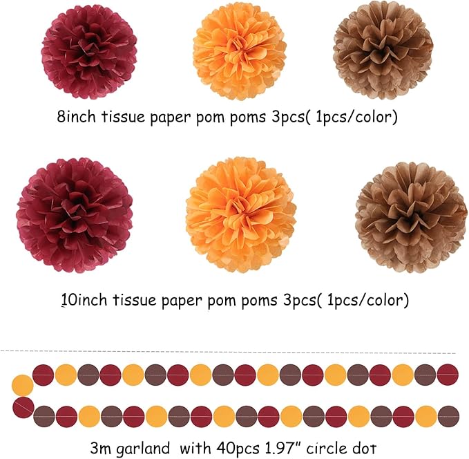 Brown Burgundy Orange Party-Decorations - 23pcs Fall Autumn Thanksgiving Harvest Paper Tissue Pom Poms Streamers,Rustic Boho Wedding Tassel Garland Banner,Birthday Baby Shower Decor Lasting Surprise