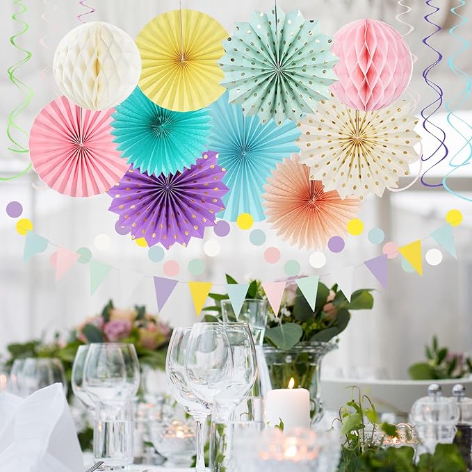 Pastel Rainbow Pink Purple Yellow Peach Party-Decorations - 33pcs Kits Banner,Streamers Tassel Garland,Tissue Pom Poms Honeycomb,Paper Lantern Fans,Birthday Wedding Bridal Baby Shower Decor Hugtmr
