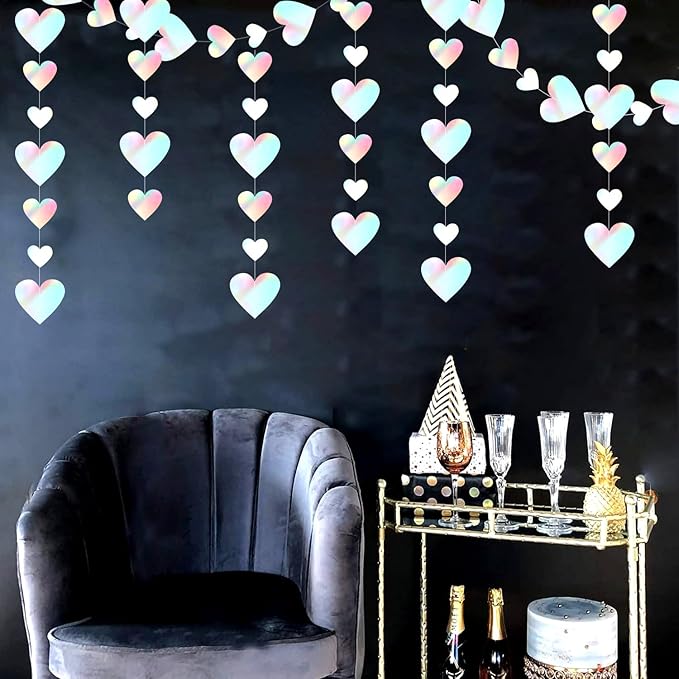 Iridescent Disco-Holographic Party-Decorations Love-Heart Garland - 39Ft Wedding Hanging Decoration Neon Streamers Banner, Birthday Bachelorette Baby Bridal Shower Engagement Decor Hugtmr