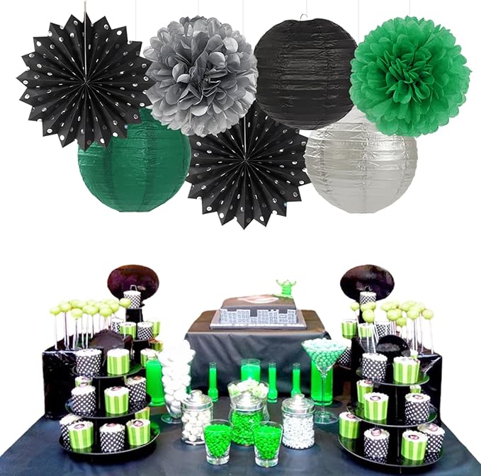 Black Green Silver Football Party-Decorations - 20pcs Soccer Theme Graduation Paper Lanterns Fans,Tissue Pom Poms,Honeycomb Balls,Men Boys Birthday Sports Spring Jungle Baby Shower Decor Burgleda
