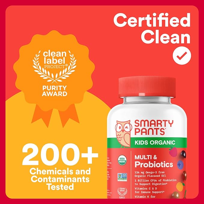 SmartyPants Organic Kids Multivitamin Gummies: Probiotics, Omega 3 (ALA), Vitamin D3, C, Vitamin B12, B6, A, K & Zinc for Immune Support, Biotin, Three Fruit Flavors, 120 Count (30 Day Supply)