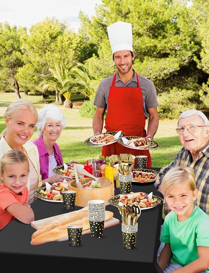 141 Pieces Black Gold Party Supplies, Disposable Party Decorations Sets Include Paper Plates Napkins Cups, Plastic Forks Knives Spoons, for Baby Shower Birthday Wedding -20 Guests