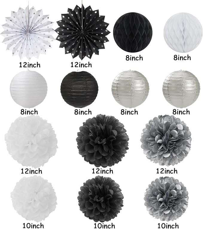 Black White Silver Party-Decorations Streamers-Lanterns - 14pc New Years Graduation 2025 Paper Fan, Bachelorette Birthday Wedding Baby Bridal Shower Tissue Pom Poms,Honeycomb Balls Decor Ouruola
