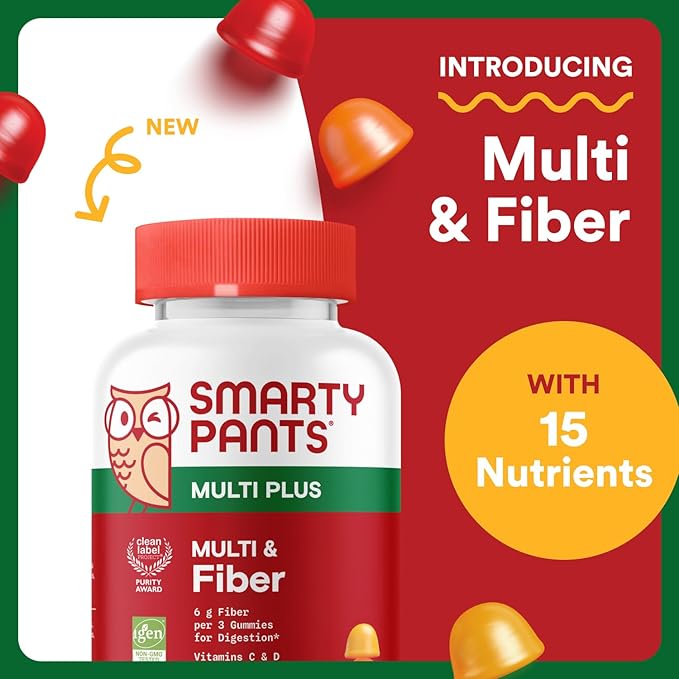 SmartyPants Fiber Supplement & Multivitamin for Men & Women - Improved Formula: Prebiotic Fiber Gummies with Omega 3 (DHA/EPA), Vitamin D3, C, Vitamin B12, B6, A, K & Zinc, 90 Count (30 Day Supply)